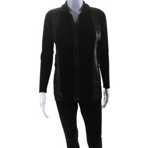 Wendy B Womens Ribbed Knit Faux Leather Trim Zip Sweater Jacket Black Size Small
